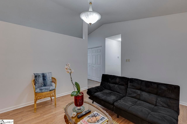 living room featuring lofted ceiling and light wood-type flooring