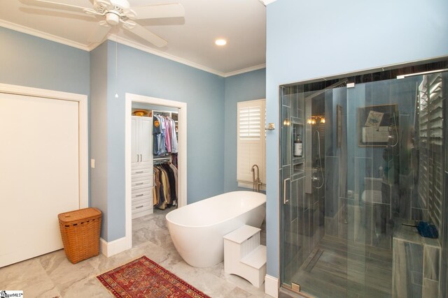 bathroom with ceiling fan, crown molding, and plus walk in shower