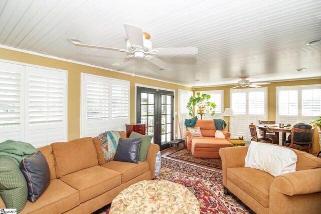 living room with ornamental molding, a wealth of natural light, and french doors