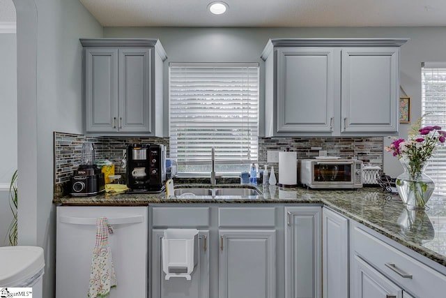 kitchen featuring dark stone countertops, a wealth of natural light, dishwasher, and sink