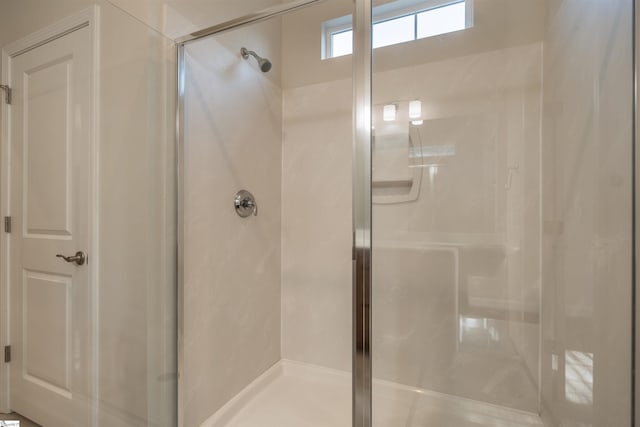 bathroom featuring a shower with door