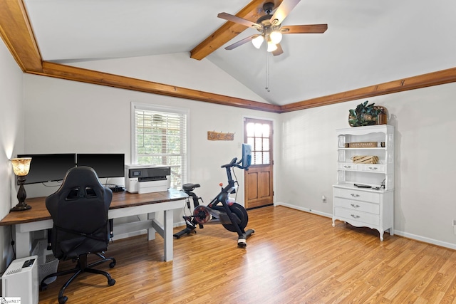 office featuring vaulted ceiling with beams, ceiling fan, and light wood-type flooring