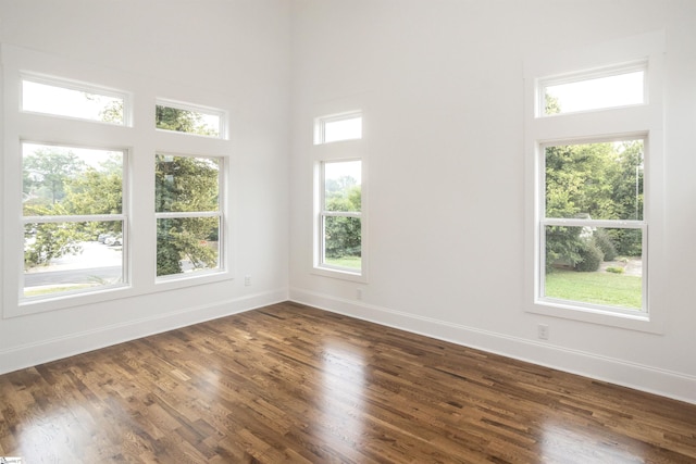 empty room featuring a towering ceiling and dark hardwood / wood-style flooring