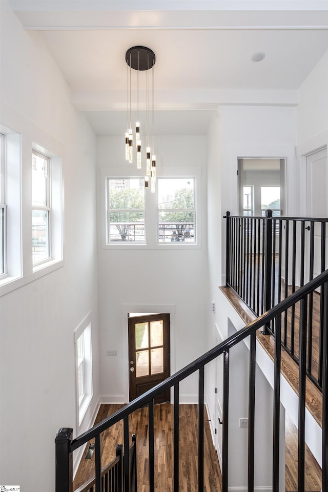 stairs with hardwood / wood-style floors and a notable chandelier