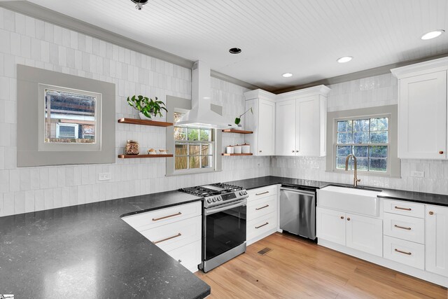 kitchen with wall chimney range hood, stainless steel appliances, white cabinets, and sink