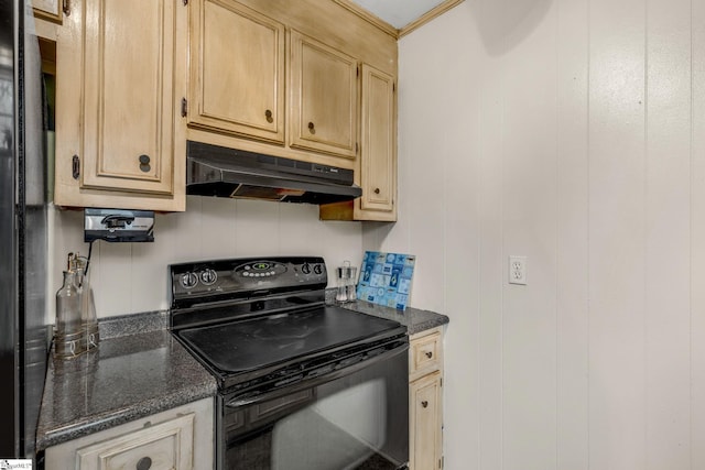 kitchen with light brown cabinets, black electric range oven, dark stone counters, and ornamental molding