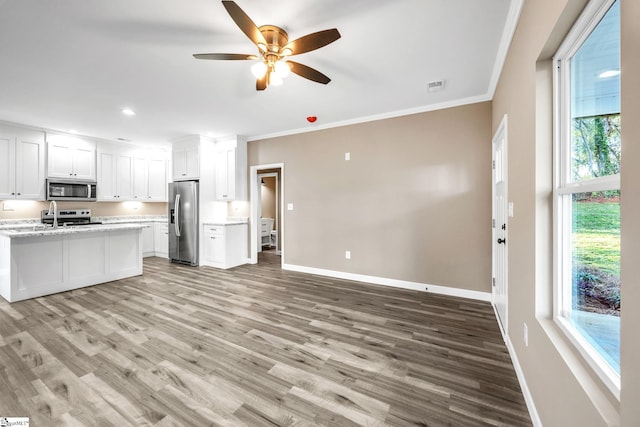 kitchen featuring a healthy amount of sunlight, white cabinets, and stainless steel appliances