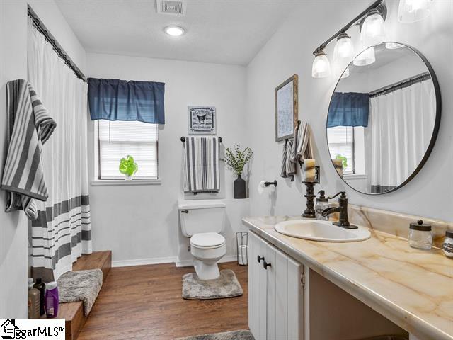 bathroom featuring vanity, hardwood / wood-style flooring, and toilet