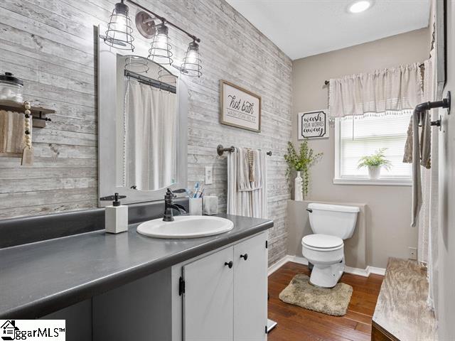 bathroom with vanity, toilet, and wood-type flooring