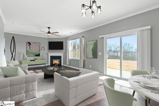 living room featuring ornamental molding, ceiling fan with notable chandelier, and light wood-type flooring