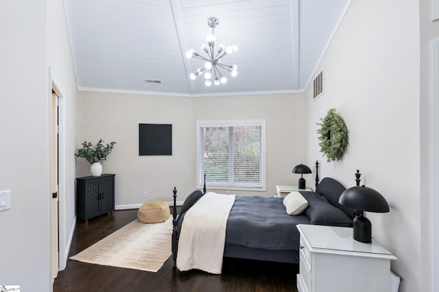 bedroom featuring vaulted ceiling with beams, wooden ceiling, dark wood-type flooring, and a notable chandelier