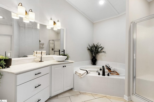 bathroom with tile patterned floors, separate shower and tub, vanity, and ornamental molding