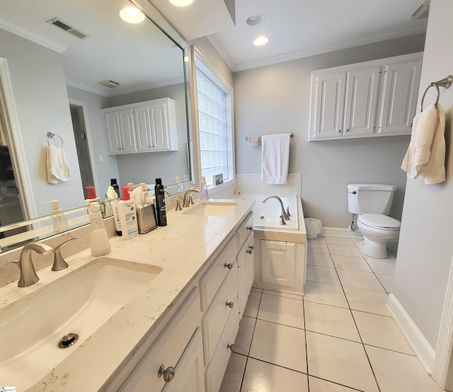 bathroom featuring tile patterned flooring, vanity, toilet, and ornamental molding