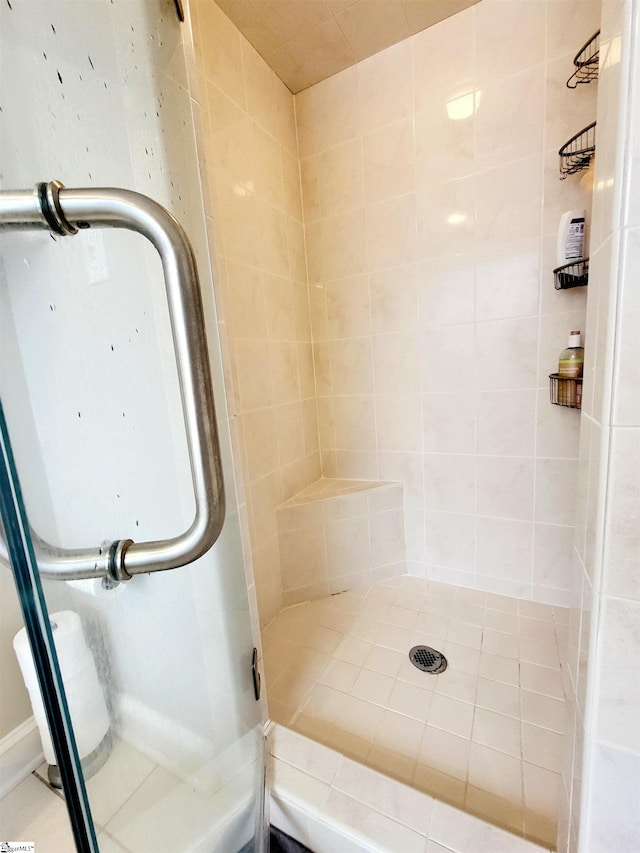 bathroom featuring a shower with shower door