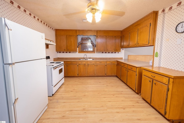 kitchen with a textured ceiling, sink, white appliances, and light wood-type flooring