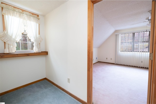 additional living space with ceiling fan, lofted ceiling, a textured ceiling, and carpet floors