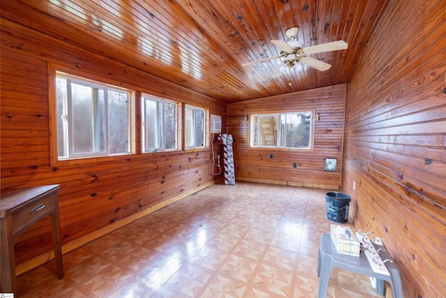 unfurnished room with ceiling fan, wood walls, wood ceiling, and vaulted ceiling