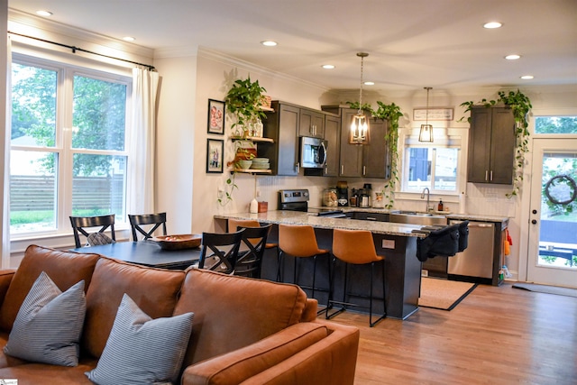 kitchen with appliances with stainless steel finishes, light wood-type flooring, a wealth of natural light, and pendant lighting