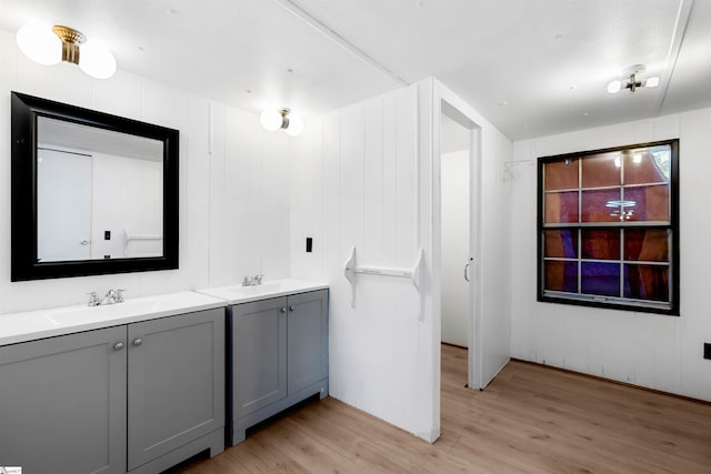 bathroom with vanity and hardwood / wood-style flooring