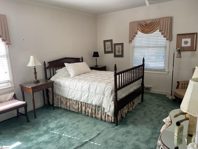 bedroom featuring dark colored carpet and crown molding