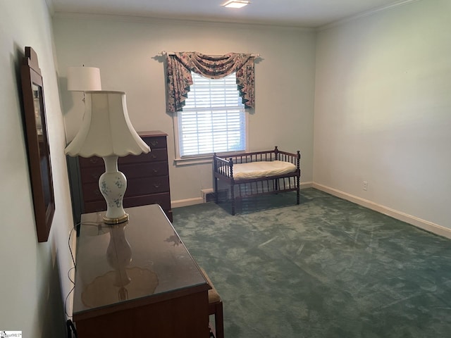 carpeted bedroom featuring ornamental molding