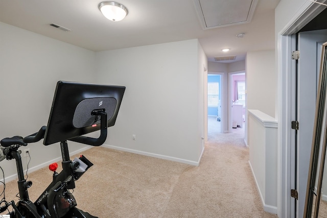 exercise area with light colored carpet