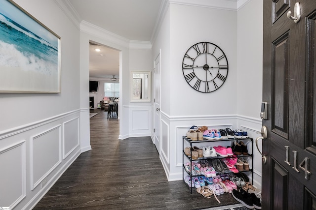 foyer featuring crown molding, ceiling fan, and dark wood-type flooring