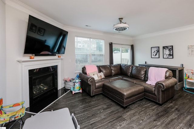 living room featuring hardwood / wood-style flooring and ornamental molding