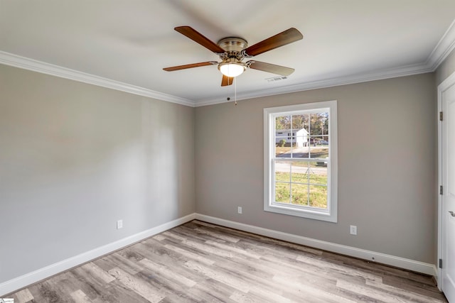 empty room with ceiling fan, light wood-type flooring, and crown molding