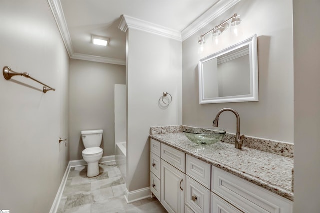 bathroom featuring vanity, toilet, and crown molding