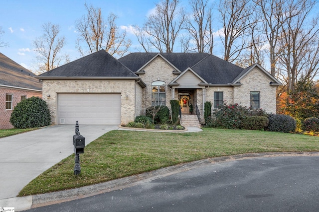 french country inspired facade with a garage and a front yard