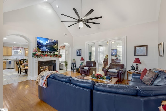 living room featuring ceiling fan, light hardwood / wood-style floors, a premium fireplace, and high vaulted ceiling