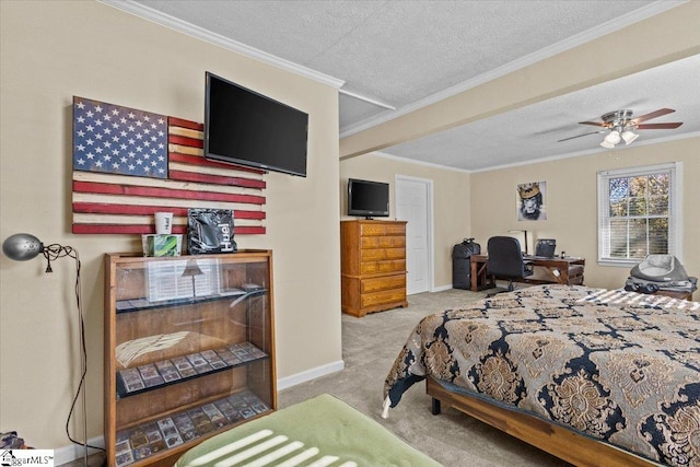 bedroom featuring a textured ceiling, ceiling fan, crown molding, and light carpet