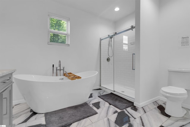 full bathroom with vanity, independent shower and bath, and toilet