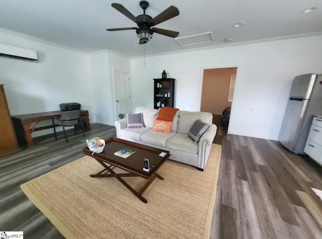 living room with dark hardwood / wood-style floors, ceiling fan, an AC wall unit, and ornamental molding