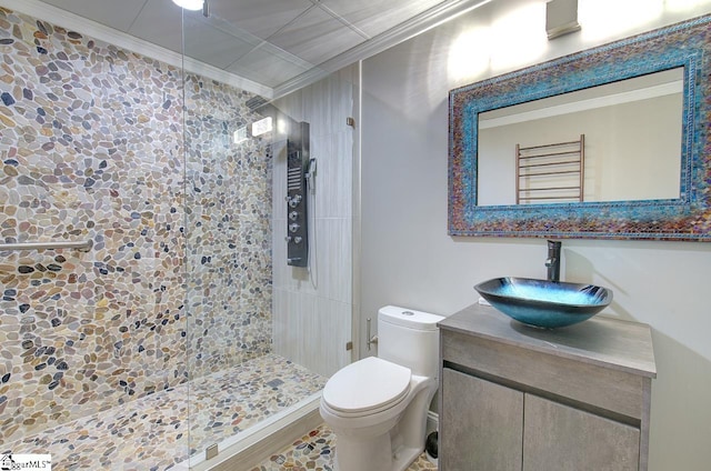 bathroom with a tile shower, vanity, toilet, and ornamental molding