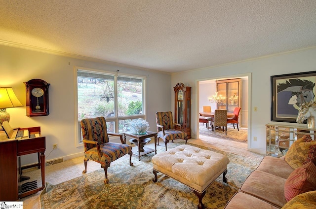 carpeted living room featuring crown molding and a textured ceiling