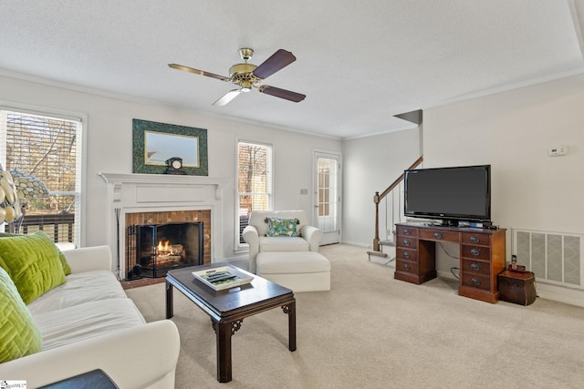 carpeted living room featuring a textured ceiling, plenty of natural light, and ornamental molding