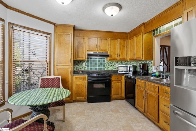 kitchen with black appliances, sink, decorative backsplash, ornamental molding, and a textured ceiling