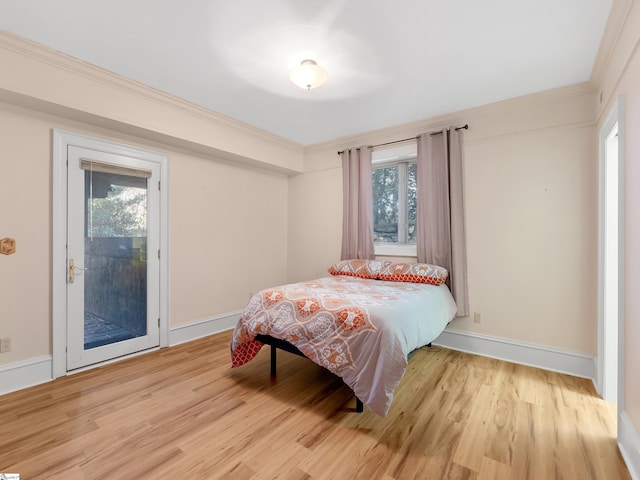 bedroom featuring multiple windows, light hardwood / wood-style floors, and access to exterior