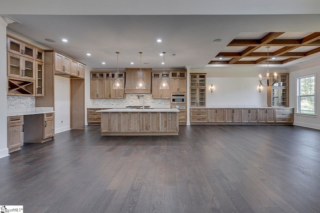 kitchen featuring stainless steel oven, dark hardwood / wood-style flooring, custom range hood, and an island with sink