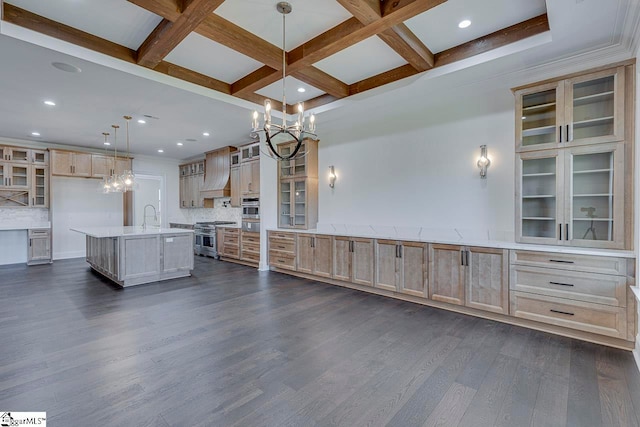 kitchen featuring a large island, dark wood-type flooring, high end stainless steel range oven, pendant lighting, and decorative backsplash