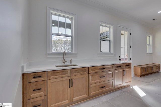 bathroom featuring tile patterned flooring, ornamental molding, and sink