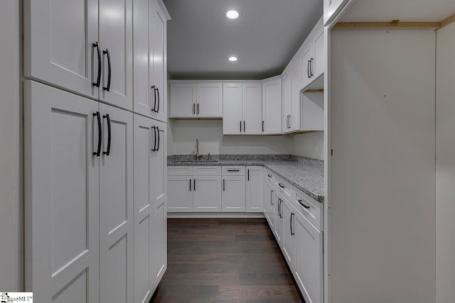 kitchen featuring light stone counters, dark hardwood / wood-style flooring, white cabinets, and sink