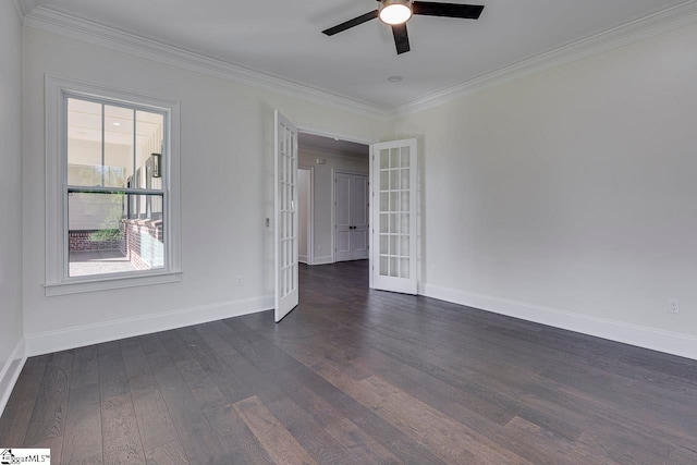 empty room with ceiling fan, french doors, dark hardwood / wood-style floors, and ornamental molding