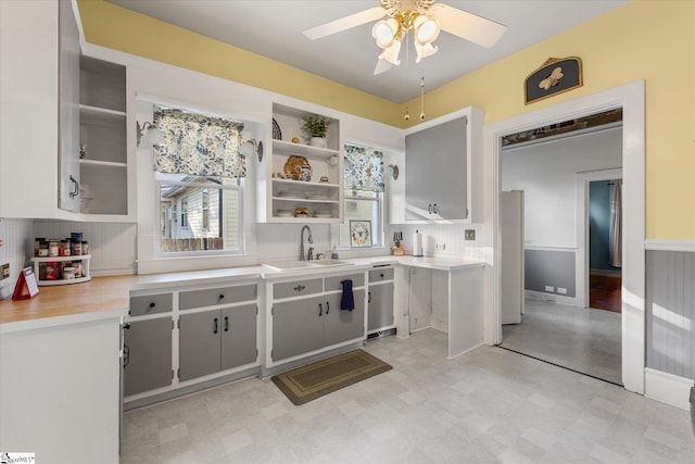 kitchen featuring backsplash, ceiling fan, and sink