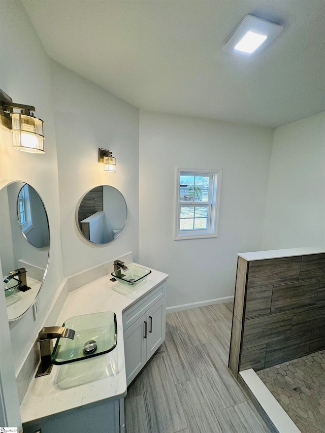 bathroom with vanity and hardwood / wood-style flooring