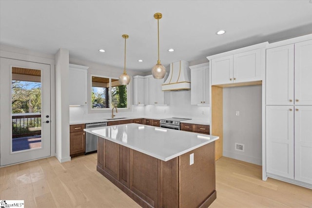 kitchen with premium range hood, a healthy amount of sunlight, white cabinets, and stainless steel appliances