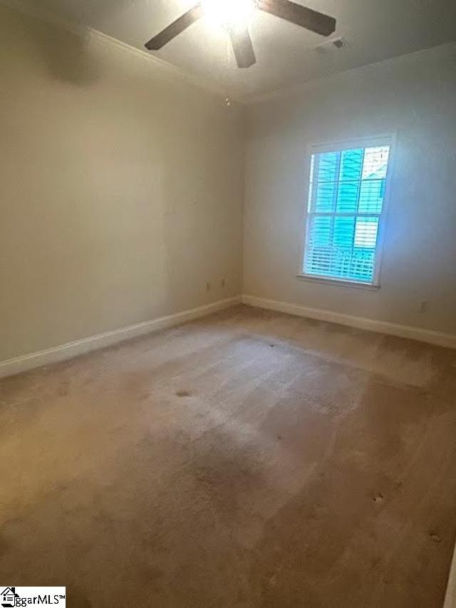 empty room featuring ceiling fan, baseboards, and carpet flooring