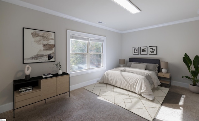 bedroom featuring light carpet and ornamental molding